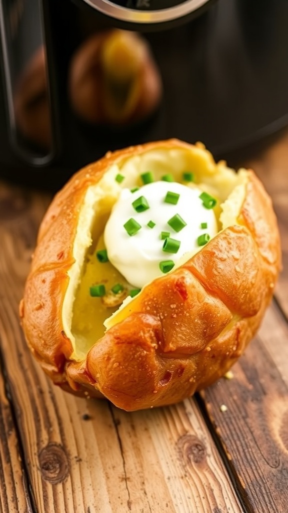 Air Fryer Baked Potatoes Reheat Recipe A reheated baked potato with crispy skin and toppings in an air fryer.
